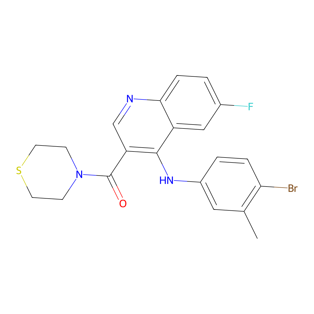 (4-((4-Bromo-3-methylphenyl)amino)-6-fluoroquinolin-3-yl)(thiomorpholino)methanone molecular structure, CAS 1358761-27-9
