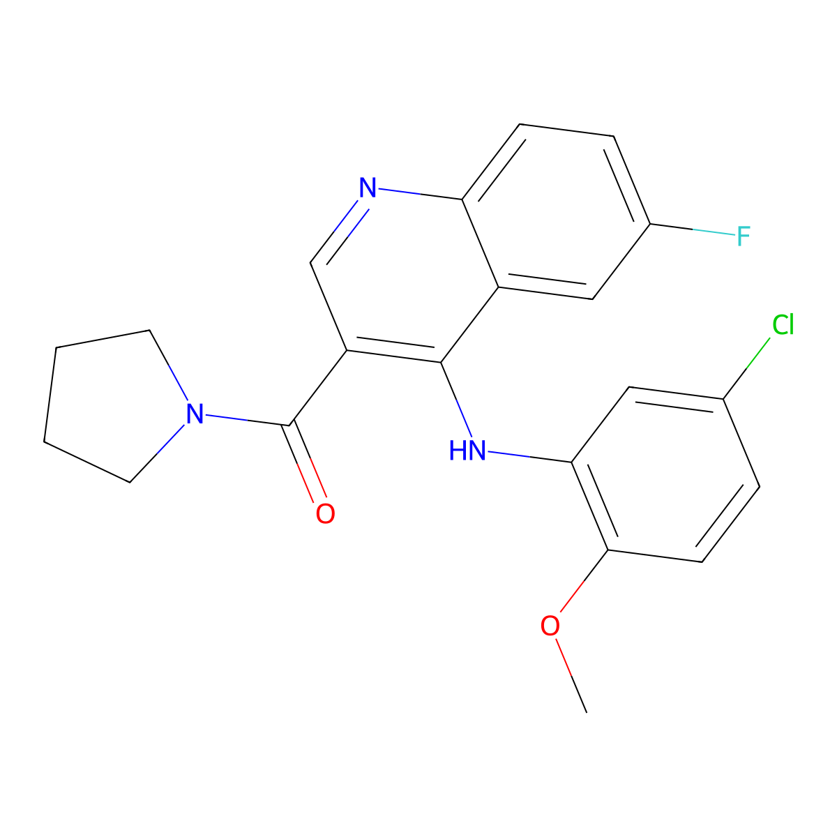 (4-((5-Chloro-2-methoxyphenyl)amino)-6-fluoroquinolin-3-yl)(pyrrolidin-1-yl)methanone molecular structure, CAS 1358761-46-2