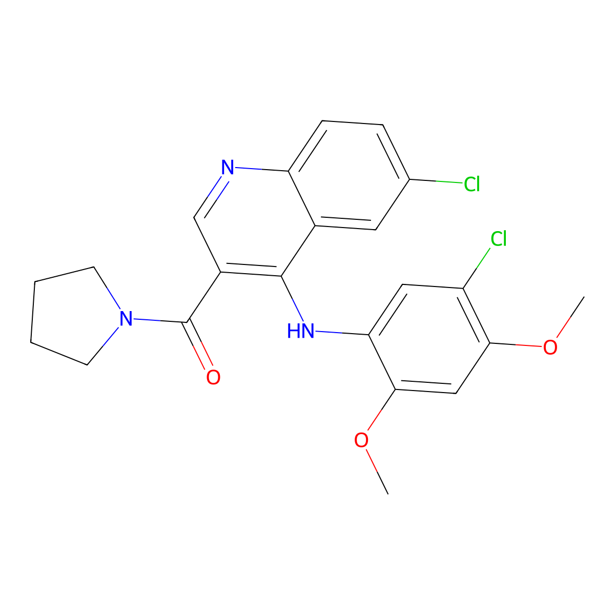 (6-Chloro-4-((5-chloro-2,4-dimethoxyphenyl)amino)quinolin-3-yl)(pyrrolidin-1-yl)methanone molecular structure, CAS 1358763-75-3