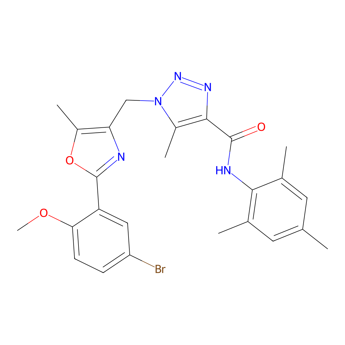 1-((2-(5-bromo-2-methoxyphenyl)-5-methyloxazol-4-yl)methyl)-N-mesityl-5-methyl-1H-1,2,3-triazole-4-carboxamide molecular structure, CAS 1358764-05-2