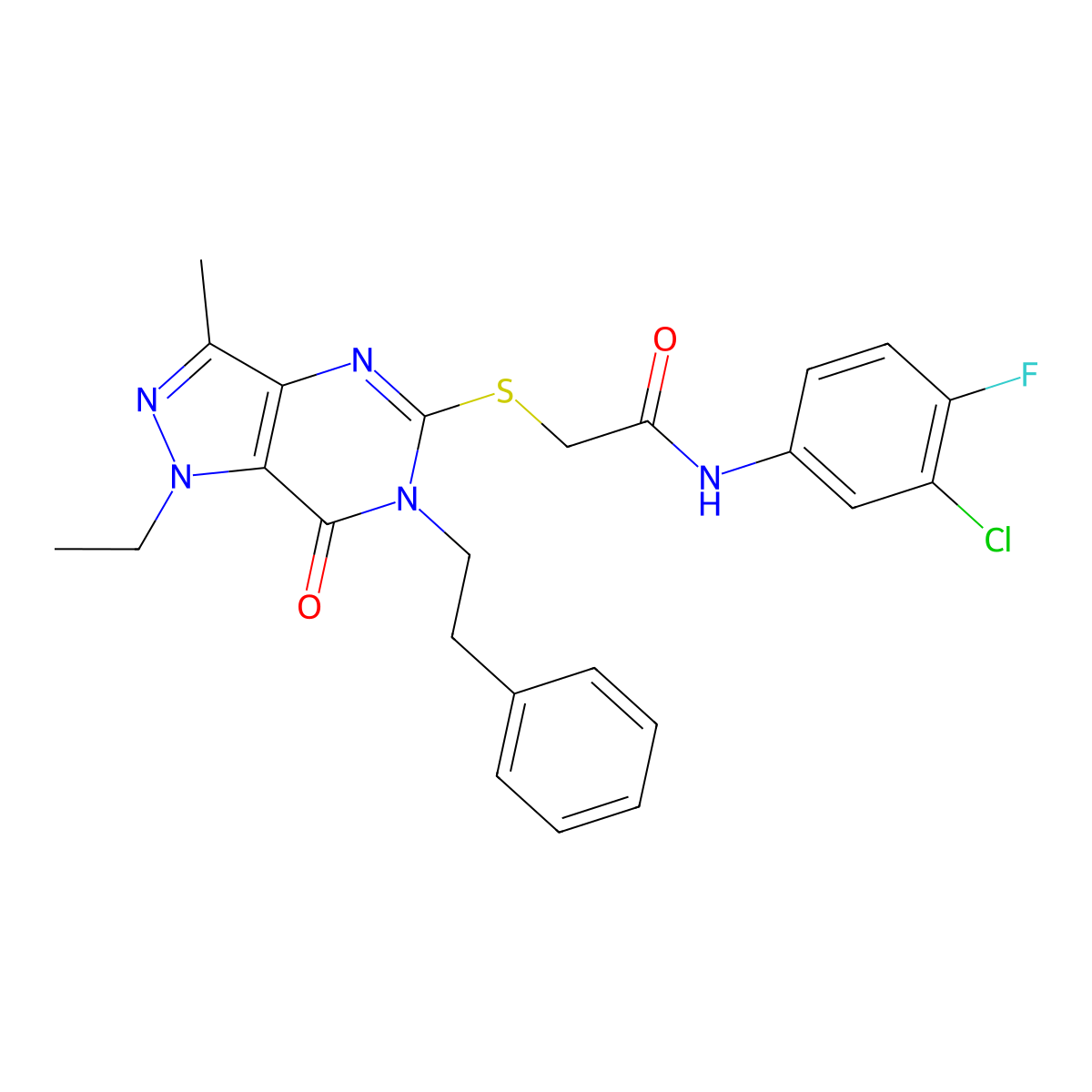 N-(3-chloro-4-fluorophenyl)-2-((1-ethyl-3-methyl-7-oxo-6-phenethyl-6,7-dihydro-1H-pyrazolo[4,3-d]pyrimidin-5-yl)thio)acetamide molecular structure, CAS 1358764-99-4