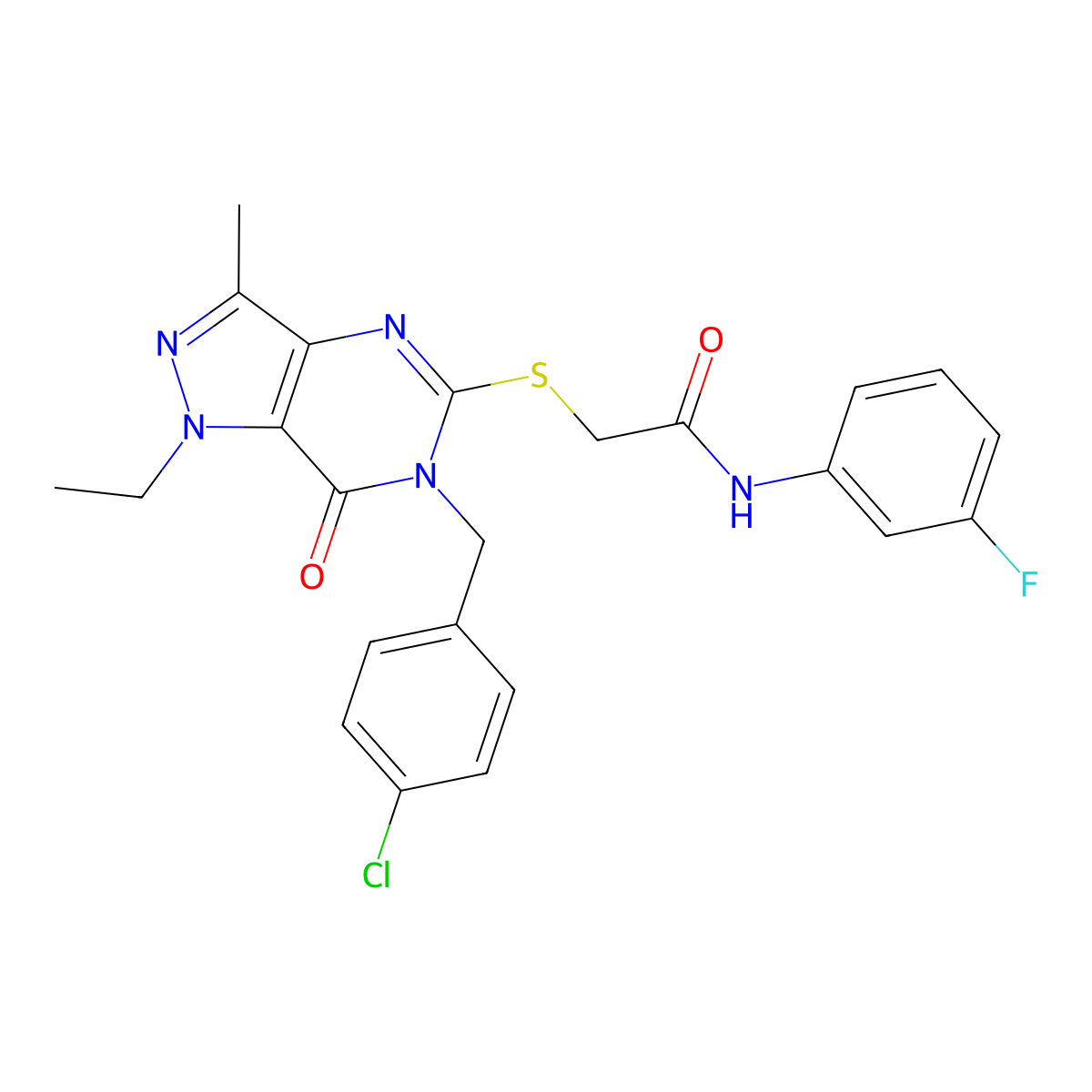 2-((6-(4-chlorobenzyl)-1-ethyl-3-methyl-7-oxo-6,7-dihydro-1H-pyrazolo[4,3-d]pyrimidin-5-yl)thio)-N-(3-fluorophenyl)acetamide molecular structure, CAS 1358765-56-6
