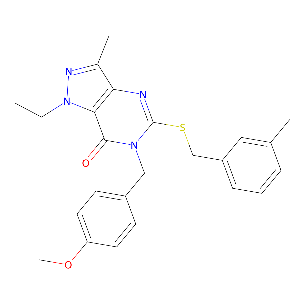 1-ethyl-6-(4-methoxybenzyl)-3-methyl-5-((3-methylbenzyl)thio)-1H-pyrazolo[4,3-d]pyrimidin-7(6H)-one molecular structure, CAS 1358765-69-1