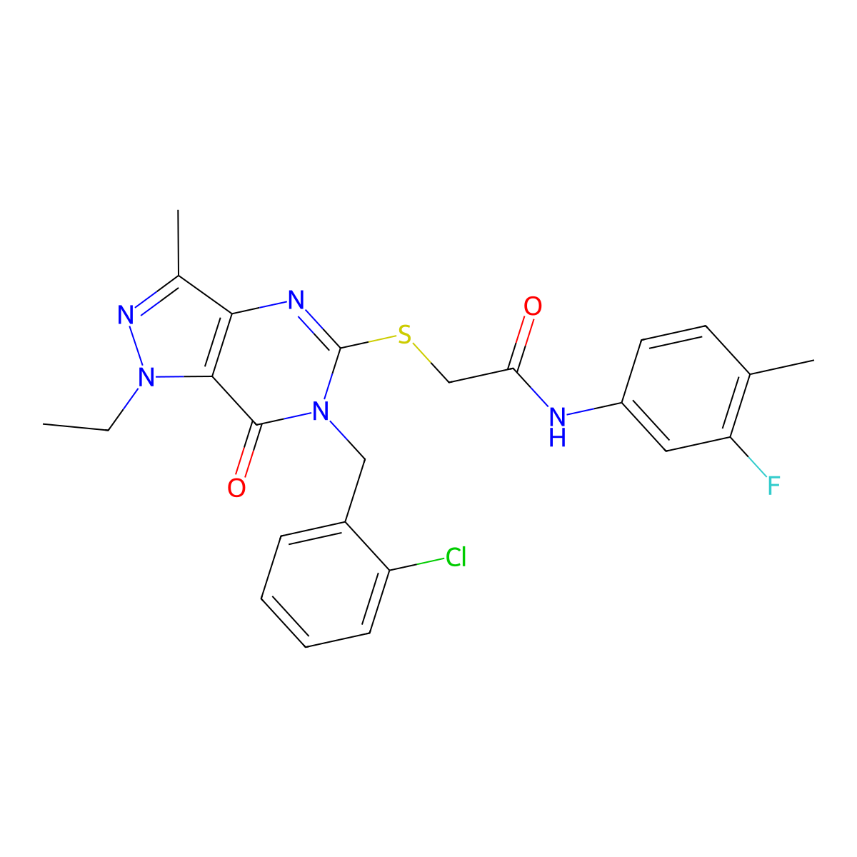 2-({6-[(2-chlorophenyl)methyl]-1-ethyl-3-methyl-7-oxo-1H,6H,7H-pyrazolo[4,3-d]pyrimidin-5-yl}sulfanyl)-N-(3-fluoro-4-methylphenyl)acetamide molecular structure, CAS 1358765-75-9