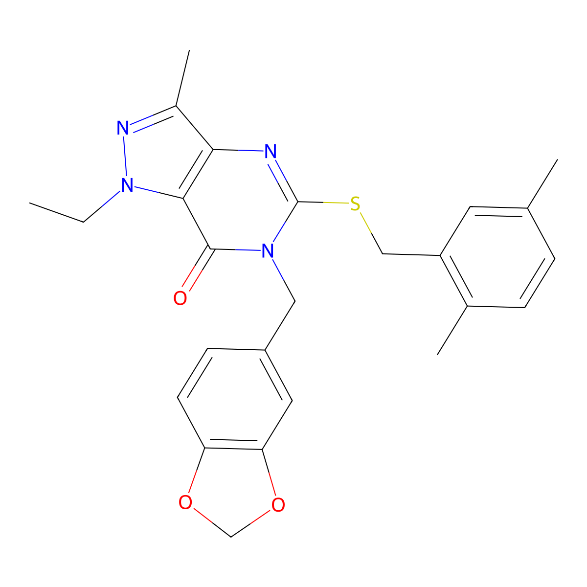 6-(benzo[d][1,3]dioxol-5-ylmethyl)-5-((2,5-dimethylbenzyl)thio)-1-ethyl-3-methyl-1H-pyrazolo[4,3-d]pyrimidin-7(6H)-one molecular structure, CAS 1358765-91-9