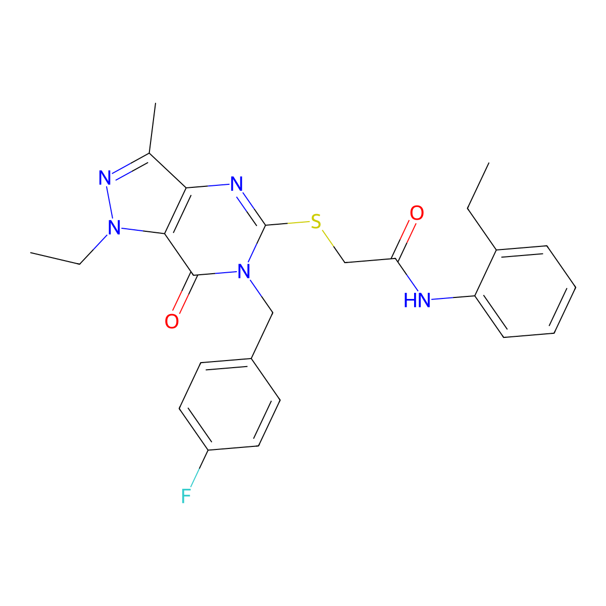 2-((1-ethyl-6-(4-fluorobenzyl)-3-methyl-7-oxo-6,7-dihydro-1H-pyrazolo[4,3-d]pyrimidin-5-yl)thio)-N-(2-ethylphenyl)acetamide molecular structure, CAS 1358765-97-5