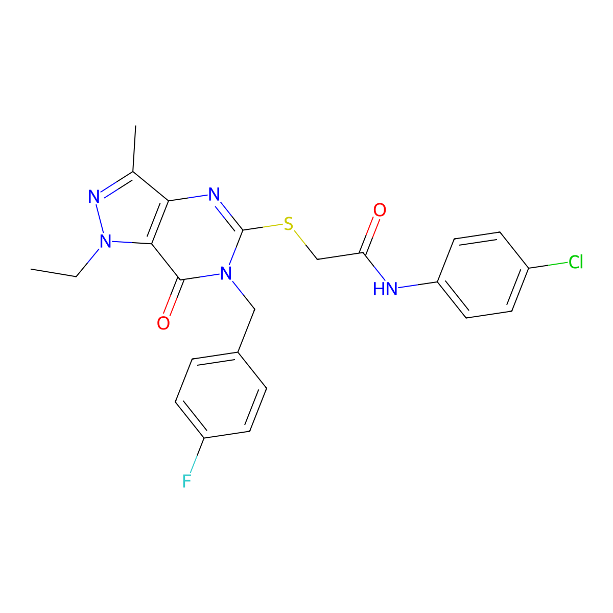 N-(4-chlorophenyl)-2-({1-ethyl-6-[(4-fluorophenyl)methyl]-3-methyl-7-oxo-1H,6H,7H-pyrazolo[4,3-d]pyrimidin-5-yl}sulfanyl)acetamide molecular structure, CAS 1358766-08-1
