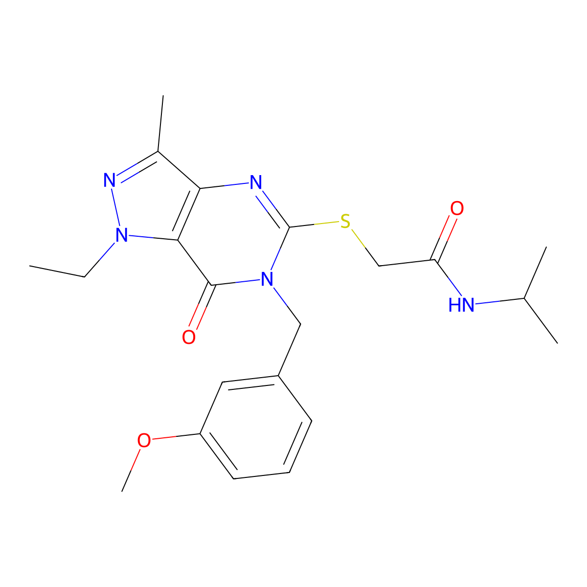 2-((1-ethyl-6-(3-methoxybenzyl)-3-methyl-7-oxo-6,7-dihydro-1H-pyrazolo[4,3-d]pyrimidin-5-yl)thio)-N-isopropylacetamide molecular structure, CAS 1358766-41-2
