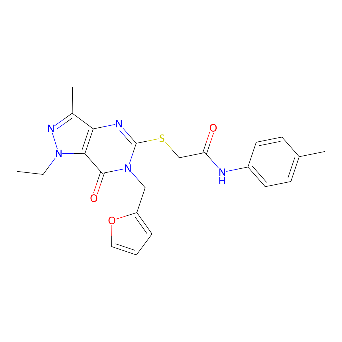 2-((1-ethyl-6-(furan-2-ylmethyl)-3-methyl-7-oxo-6,7-dihydro-1H-pyrazolo[4,3-d]pyrimidin-5-yl)thio)-N-(p-tolyl)acetamide molecular structure, CAS 1358766-63-8