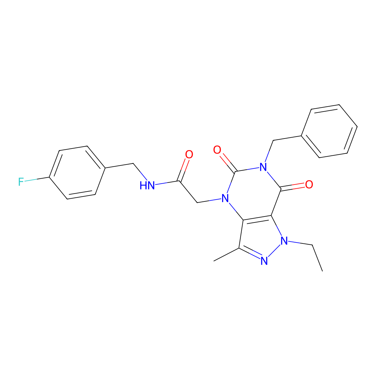 2-(6-benzyl-1-ethyl-3-methyl-5,7-dioxo-6,7-dihydro-1H-pyrazolo[4,3-d]pyrimidin-4(5H)-yl)-N-(4-fluorobenzyl)acetamide molecular structure, CAS 1358768-17-8