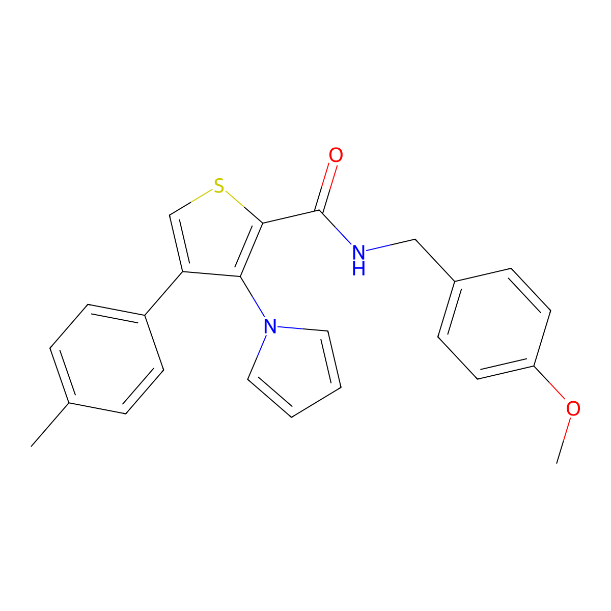 N-(4-methoxybenzyl)-3-(1H-pyrrol-1-yl)-4-(p-tolyl)thiophene-2-carboxamide molecular structure, CAS 1358768-40-7