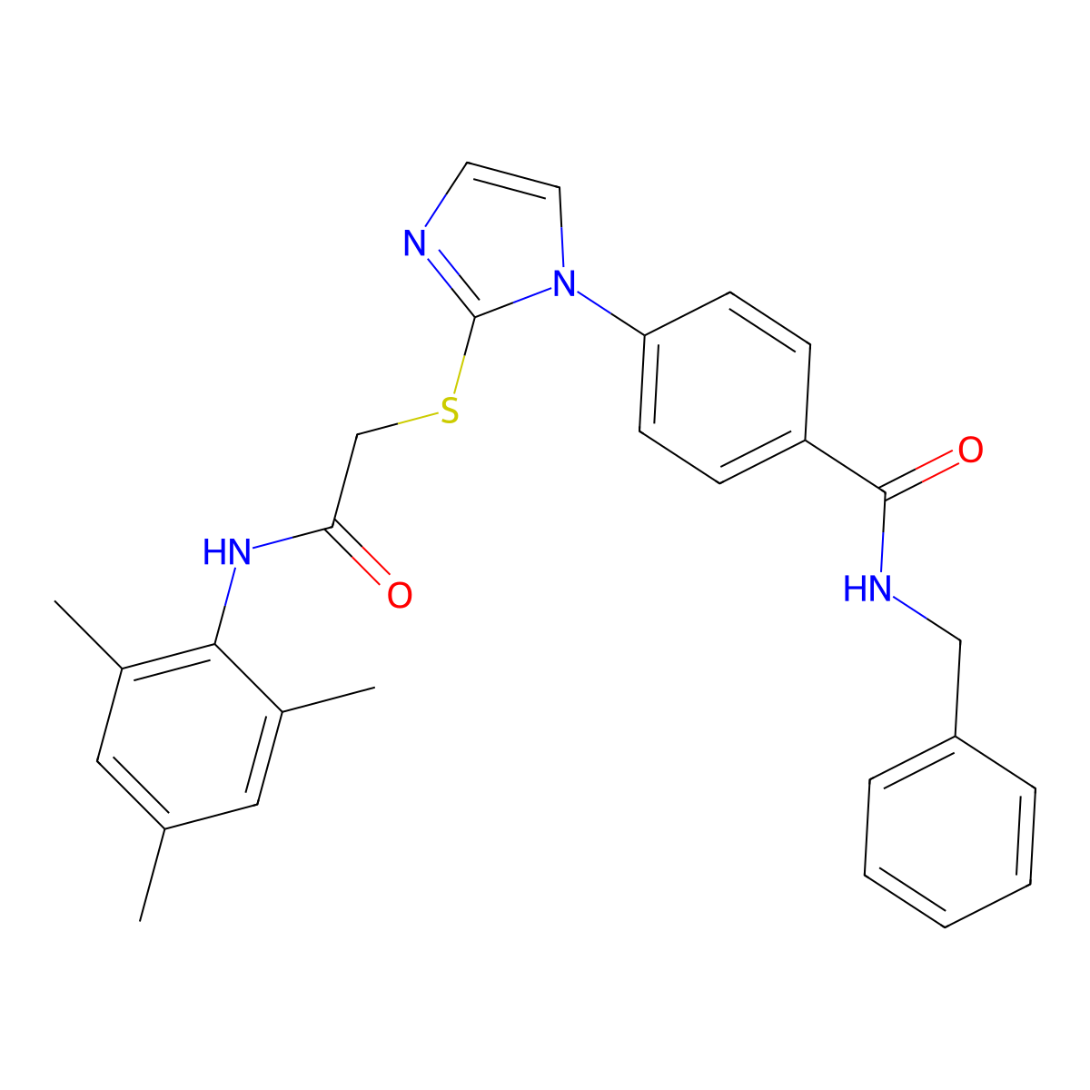 N-benzyl-4-(2-((2-(mesitylamino)-2-oxoethyl)thio)-1H-imidazol-1-yl)benzamide molecular structure, CAS 1358790-22-3