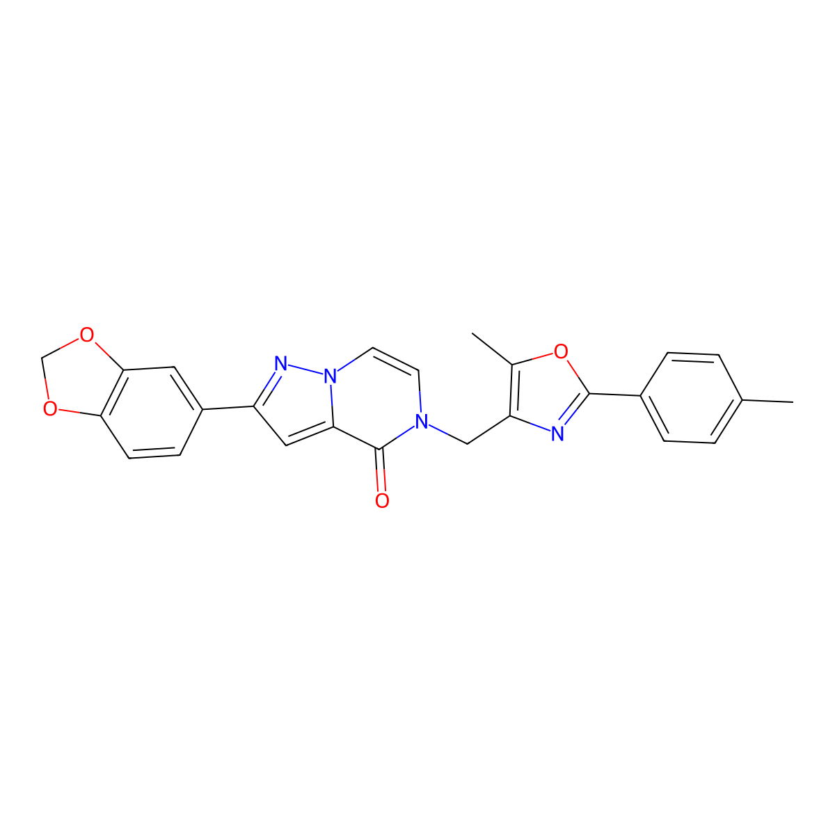 2-(benzo[d][1,3]dioxol-5-yl)-5-((5-methyl-2-(p-tolyl)oxazol-4-yl)methyl)pyrazolo[1,5-a]pyrazin-4(5H)-one molecular structure, CAS 1358793-99-3