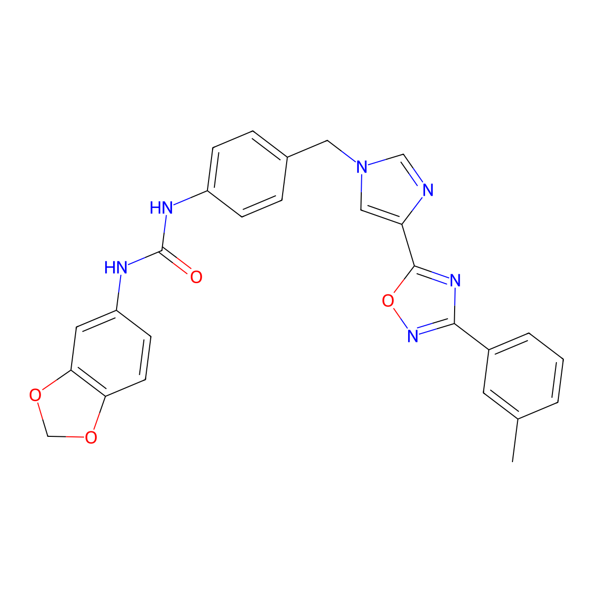 1-(benzo[d][1,3]dioxol-5-yl)-3-(4-((4-(3-(m-tolyl)-1,2,4-oxadiazol-5-yl)-1H-imidazol-1-yl)methyl)phenyl)urea molecular structure, CAS 1358814-77-3