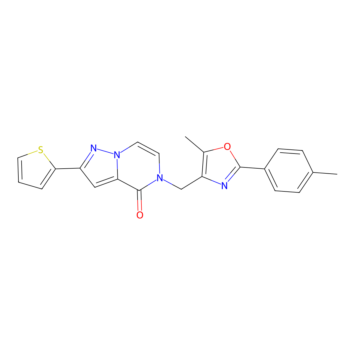 5-((5-methyl-2-(p-tolyl)oxazol-4-yl)methyl)-2-(thiophen-2-yl)pyrazolo[1,5-a]pyrazin-4(5H)-one molecular structure, CAS 1358828-10-0