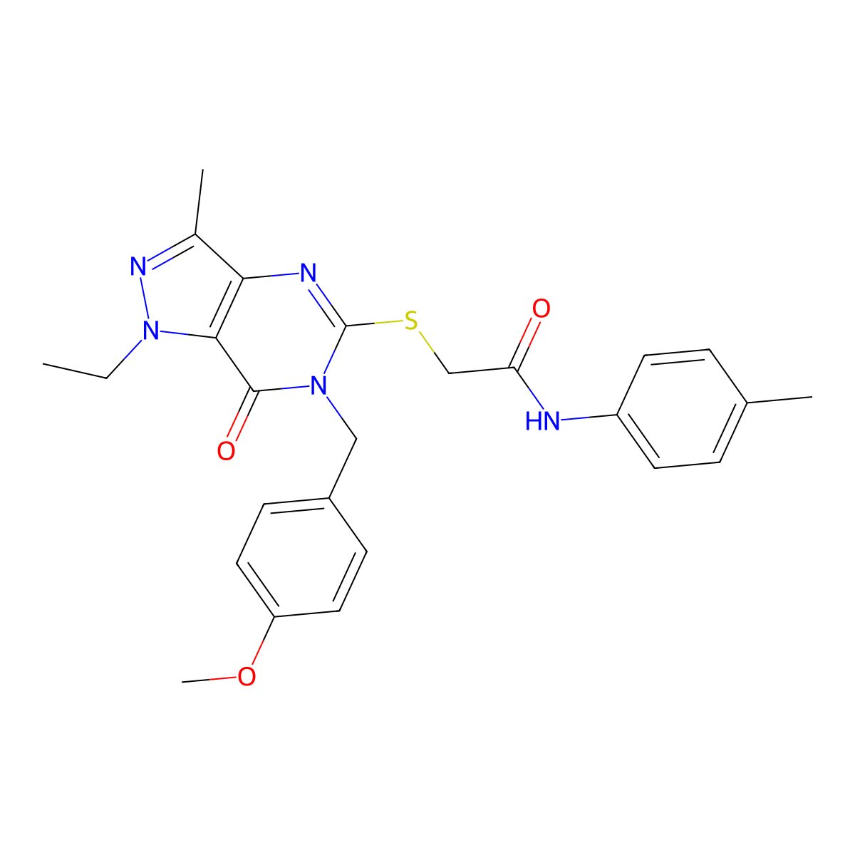 2-({1-ethyl-6-[(4-methoxyphenyl)methyl]-3-methyl-7-oxo-1H,6H,7H-pyrazolo[4,3-d]pyrimidin-5-yl}sulfanyl)-N-(4-methylphenyl)acetamide molecular structure, CAS 1358829-97-6