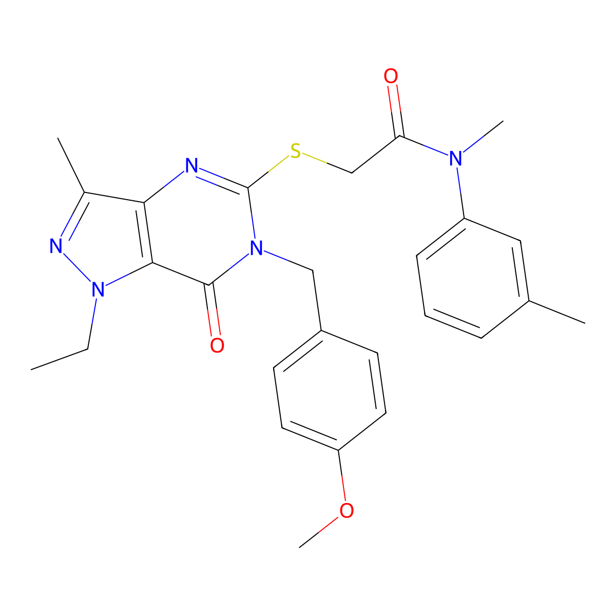 2-({1-ethyl-6-[(4-methoxyphenyl)methyl]-3-methyl-7-oxo-1H,6H,7H-pyrazolo[4,3-d]pyrimidin-5-yl}sulfanyl)-N-methyl-N-(3-methylphenyl)acetamide molecular structure, CAS 1358830-20-2