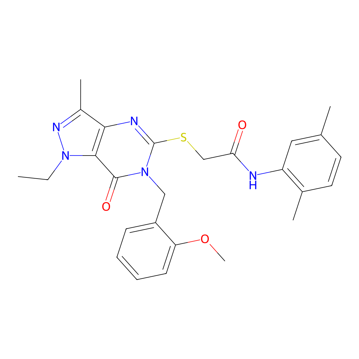 N-(2,5-dimethylphenyl)-2-({1-ethyl-6-[(2-methoxyphenyl)methyl]-3-methyl-7-oxo-1H,6H,7H-pyrazolo[4,3-d]pyrimidin-5-yl}sulfanyl)acetamide molecular structure, CAS 1358830-38-2