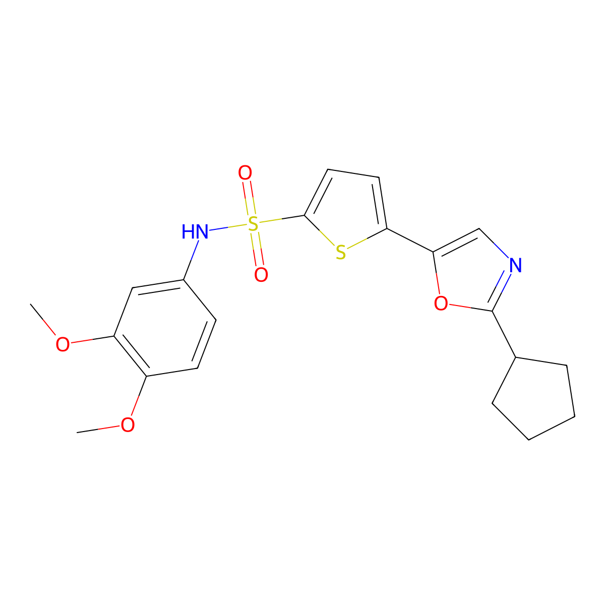 5-(2-cyclopentyl-1,3-oxazol-5-yl)-N-(3,4-dimethoxyphenyl)thiophene-2-sulfonamide molecular structure, CAS 1358830-42-8