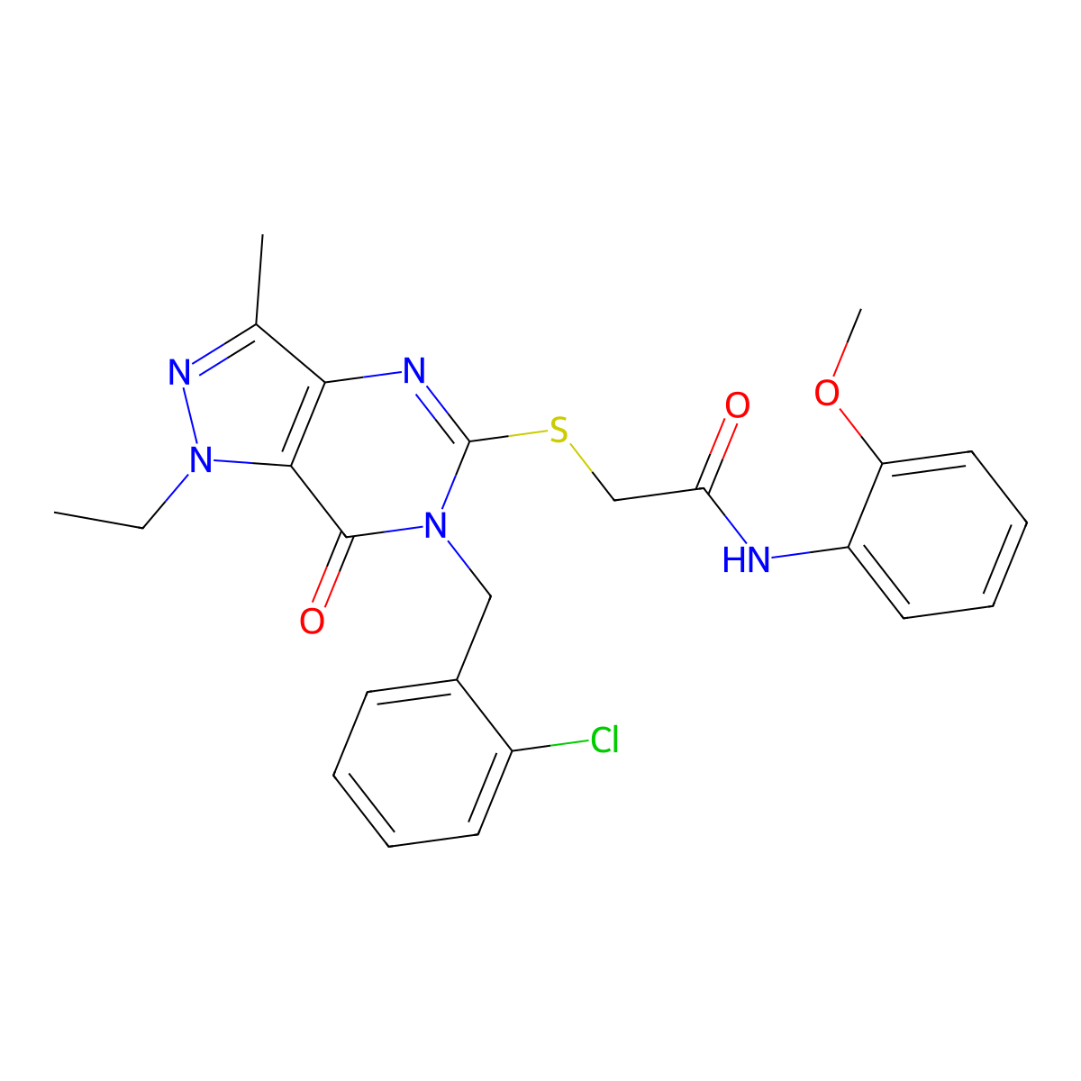 2-((6-(2-chlorobenzyl)-1-ethyl-3-methyl-7-oxo-6,7-dihydro-1H-pyrazolo[4,3-d]pyrimidin-5-yl)thio)-N-(2-methoxyphenyl)acetamide molecular structure, CAS 1358830-58-6