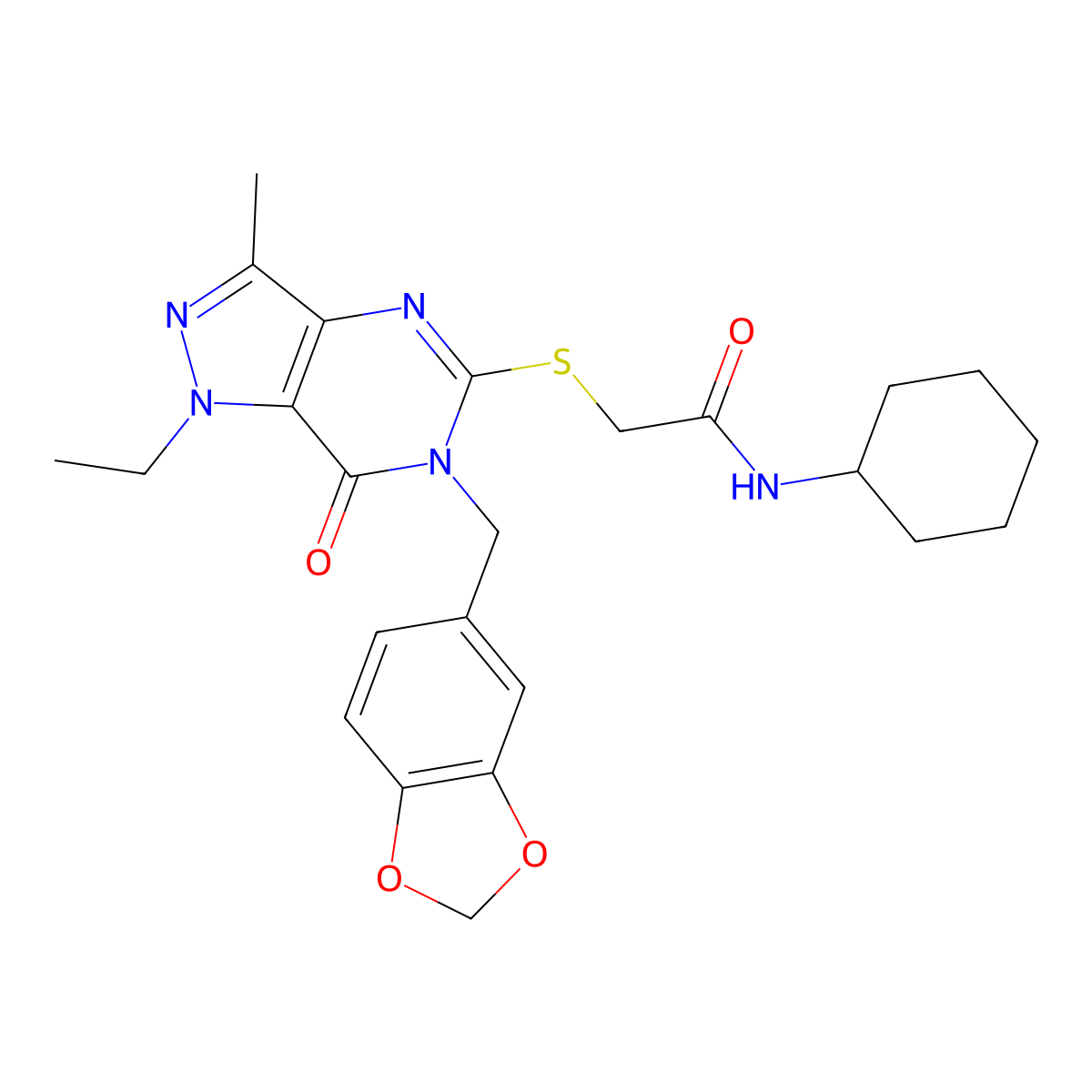 2-((6-(benzo[d][1,3]dioxol-5-ylmethyl)-1-ethyl-3-methyl-7-oxo-6,7-dihydro-1H-pyrazolo[4,3-d]pyrimidin-5-yl)thio)-N-cyclohexylacetamide molecular structure, CAS 1358830-63-3