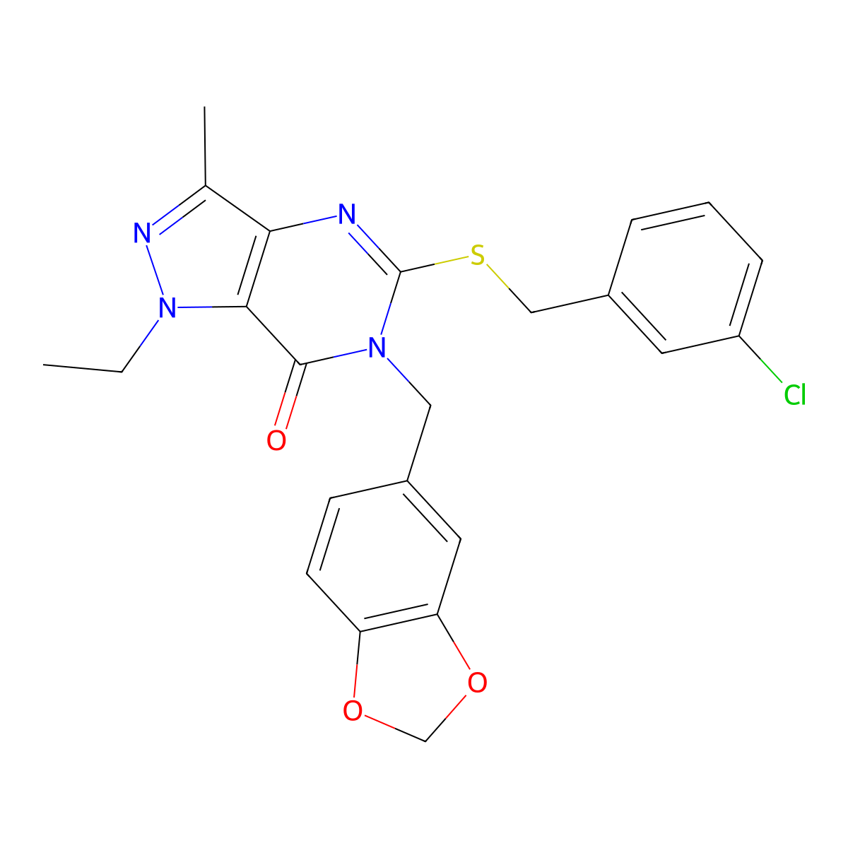 6-(benzo[d][1,3]dioxol-5-ylmethyl)-5-((3-chlorobenzyl)thio)-1-ethyl-3-methyl-1H-pyrazolo[4,3-d]pyrimidin-7(6H)-one molecular structure, CAS 1358830-77-9