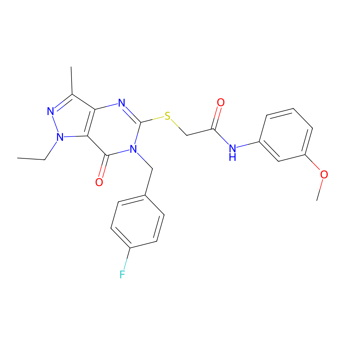 2-((1-ethyl-6-(4-fluorobenzyl)-3-methyl-7-oxo-6,7-dihydro-1H-pyrazolo[4,3-d]pyrimidin-5-yl)thio)-N-(3-methoxyphenyl)acetamide molecular structure, CAS 1358830-86-0
