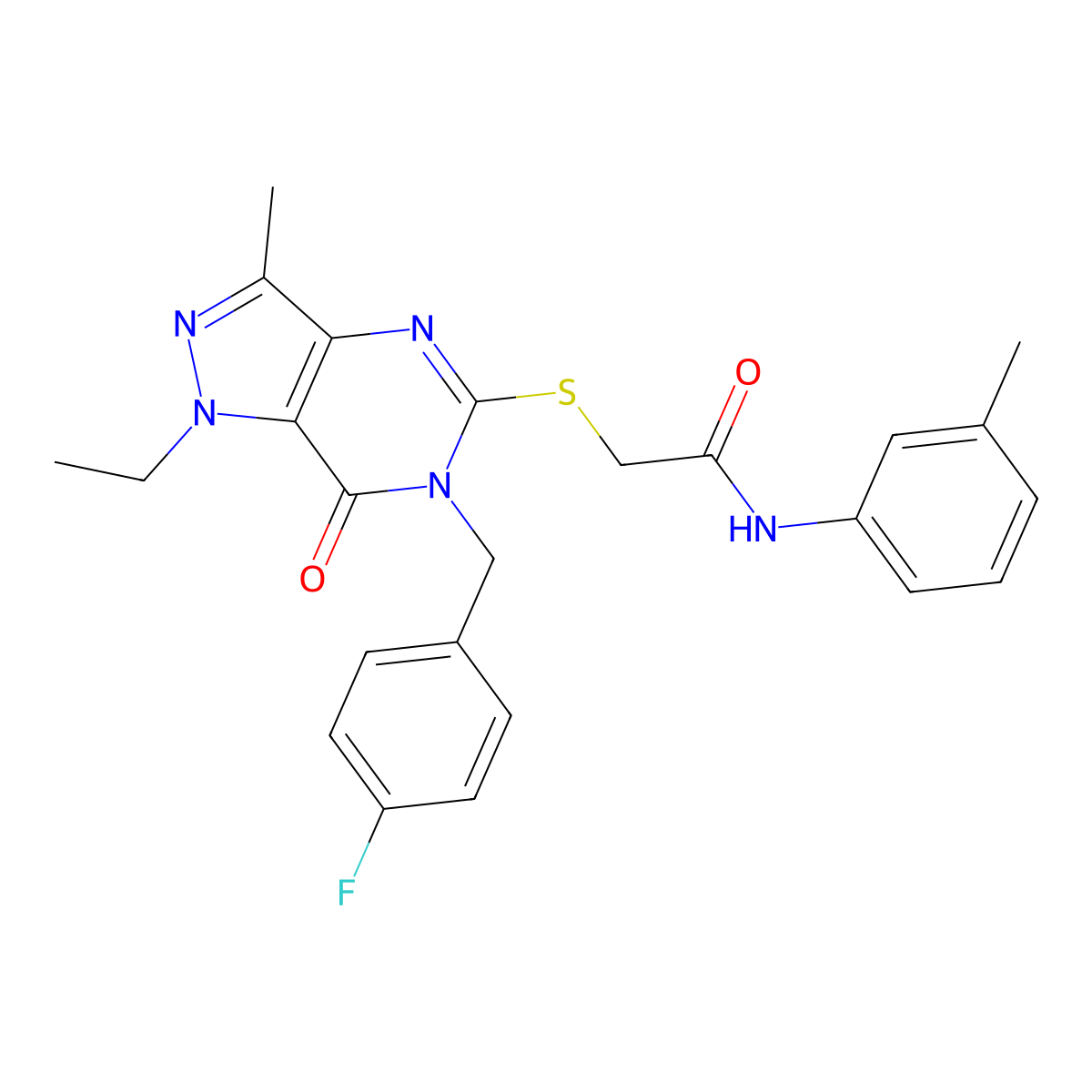 2-((1-ethyl-6-(4-fluorobenzyl)-3-methyl-7-oxo-6,7-dihydro-1H-pyrazolo[4,3-d]pyrimidin-5-yl)thio)-N-(m-tolyl)acetamide molecular structure, CAS 1358830-98-4