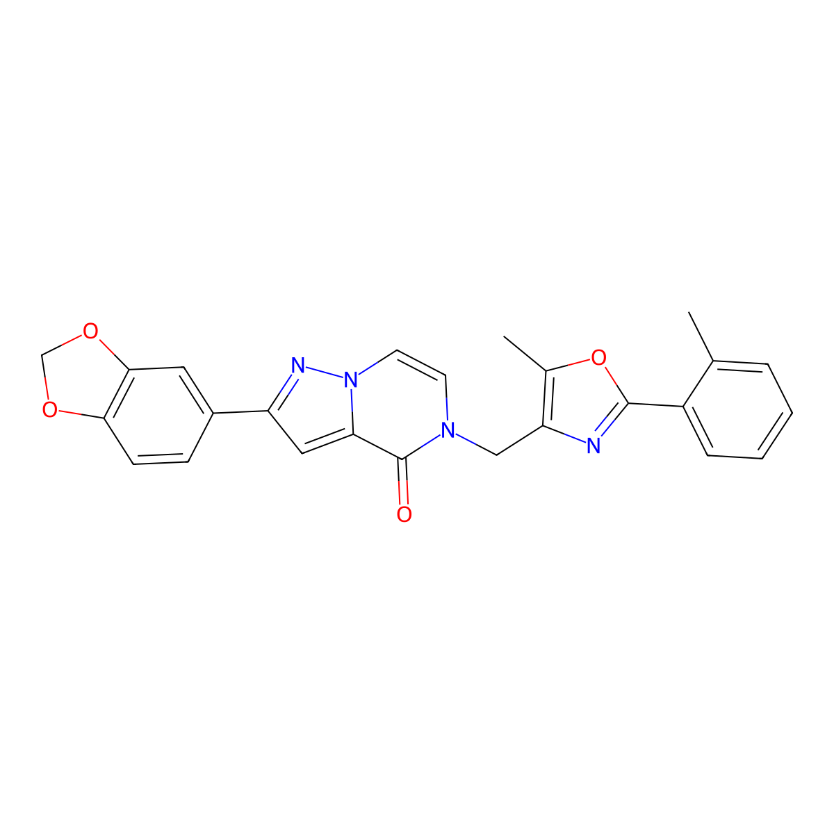2-(2H-1,3-benzodioxol-5-yl)-5-{[5-methyl-2-(2-methylphenyl)-1,3-oxazol-4-yl]methyl}-4H,5H-pyrazolo[1,5-a]pyrazin-4-one molecular structure, CAS 1358831-24-9