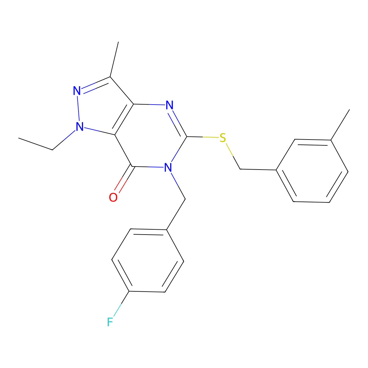1-ethyl-6-(4-fluorobenzyl)-3-methyl-5-((3-methylbenzyl)thio)-1H-pyrazolo[4,3-d]pyrimidin-7(6H)-one molecular structure, CAS 1358831-25-0