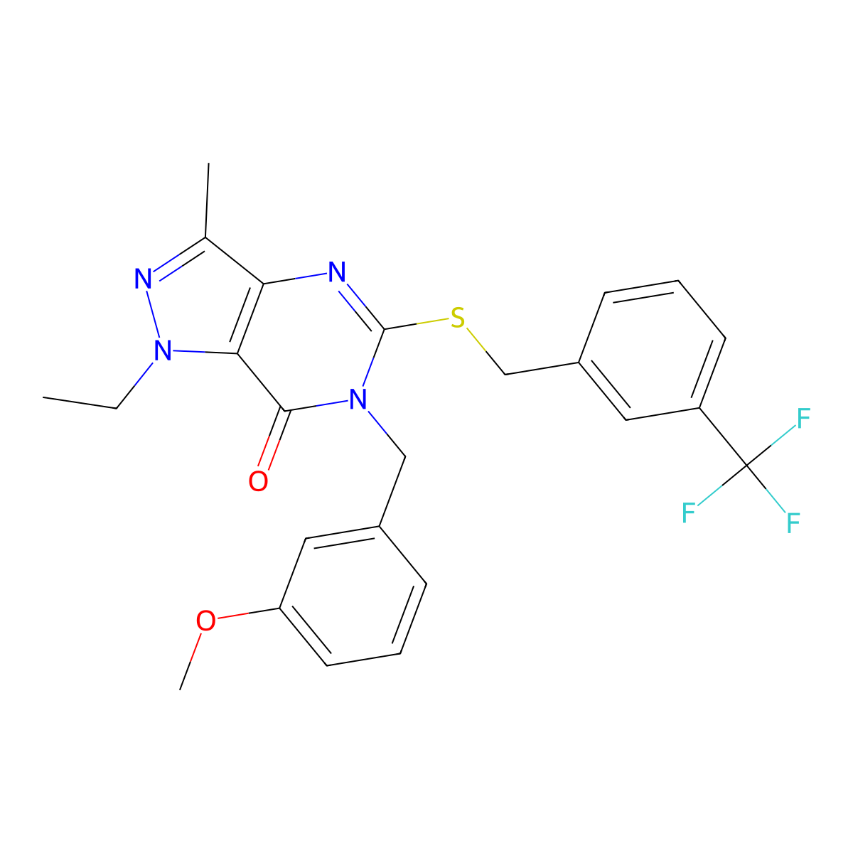1-ethyl-6-(3-methoxybenzyl)-3-methyl-5-((3-(trifluoromethyl)benzyl)thio)-1H-pyrazolo[4,3-d]pyrimidin-7(6H)-one molecular structure, CAS 1358831-70-5