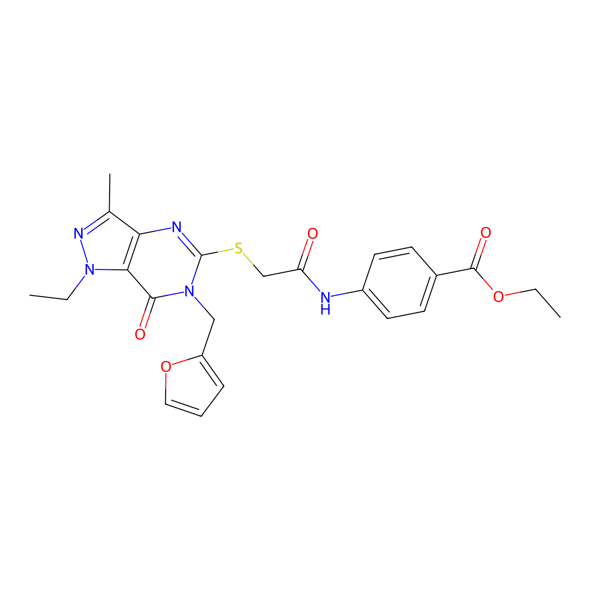 ethyl 4-(2-((1-ethyl-6-(furan-2-ylmethyl)-3-methyl-7-oxo-6,7-dihydro-1H-pyrazolo[4,3-d]pyrimidin-5-yl)thio)acetamido)benzoate molecular structure, CAS 1358831-78-3