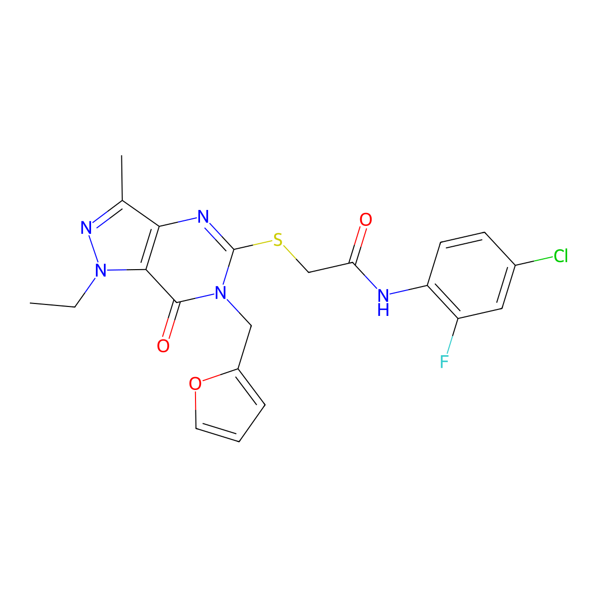 N-(4-chloro-2-fluorophenyl)-2-((1-ethyl-6-(furan-2-ylmethyl)-3-methyl-7-oxo-6,7-dihydro-1H-pyrazolo[4,3-d]pyrimidin-5-yl)thio)acetamide molecular structure, CAS 1358831-85-2