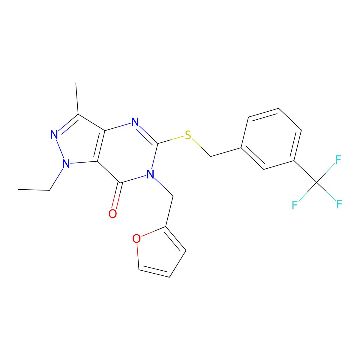 1-ethyl-6-[(furan-2-yl)methyl]-3-methyl-5-({[3-(trifluoromethyl)phenyl]methyl}sulfanyl)-1H,6H,7H-pyrazolo[4,3-d]pyrimidin-7-one molecular structure, CAS 1358832-10-6