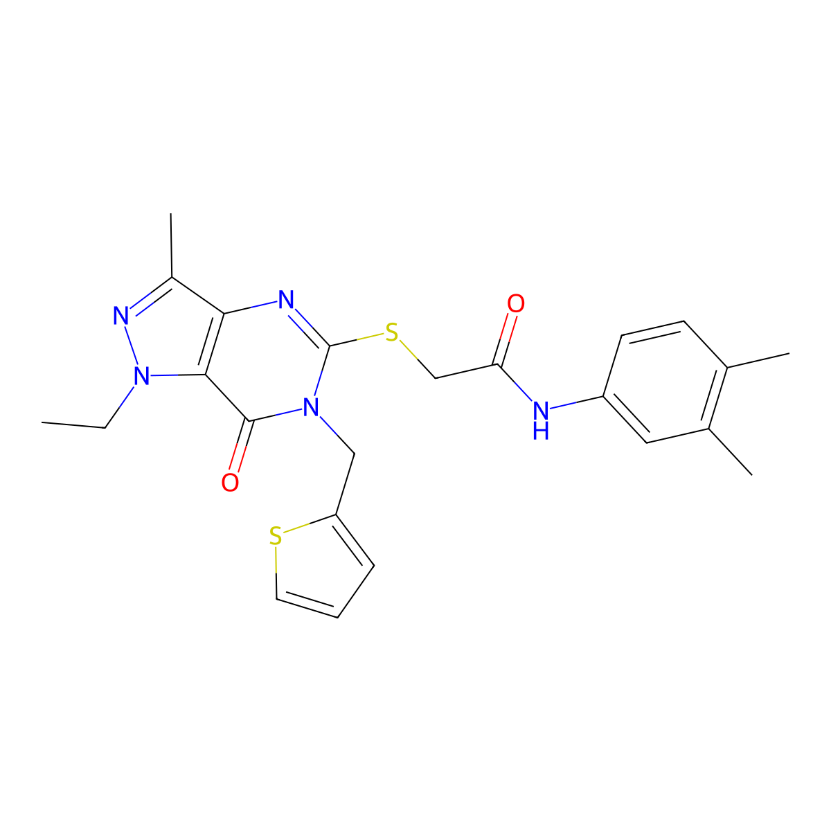 N-(3,4-dimethylphenyl)-2-((1-ethyl-3-methyl-7-oxo-6-(thiophen-2-ylmethyl)-6,7-dihydro-1H-pyrazolo[4,3-d]pyrimidin-5-yl)thio)acetamide molecular structure, CAS 1358832-16-2