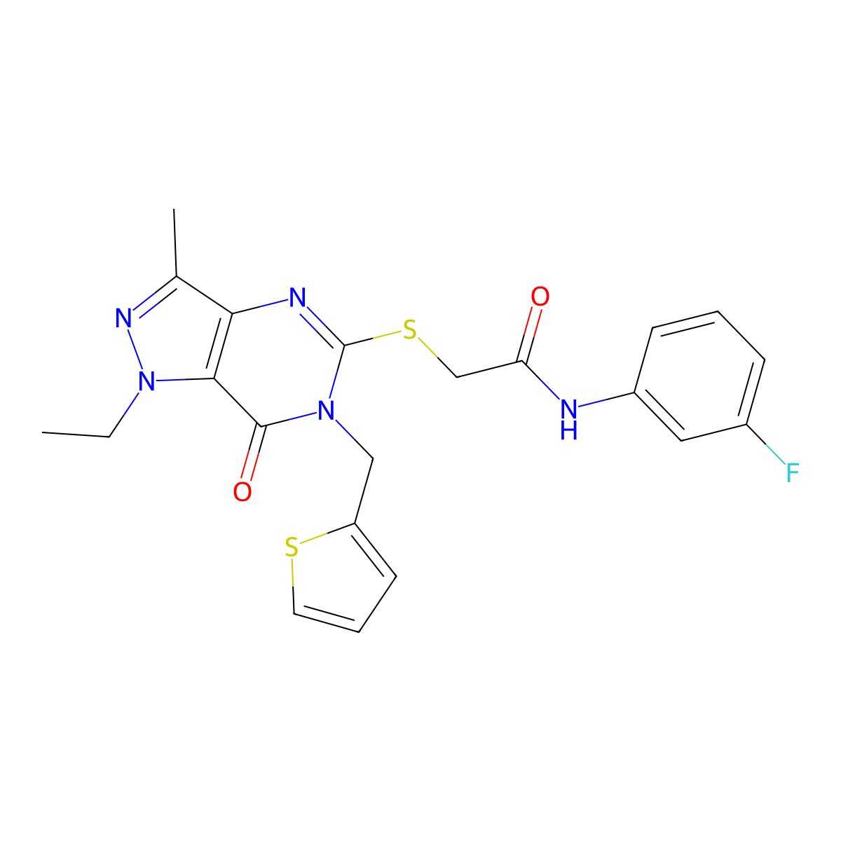 2-((1-ethyl-3-methyl-7-oxo-6-(thiophen-2-ylmethyl)-6,7-dihydro-1H-pyrazolo[4,3-d]pyrimidin-5-yl)thio)-N-(3-fluorophenyl)acetamide molecular structure, CAS 1358832-33-3