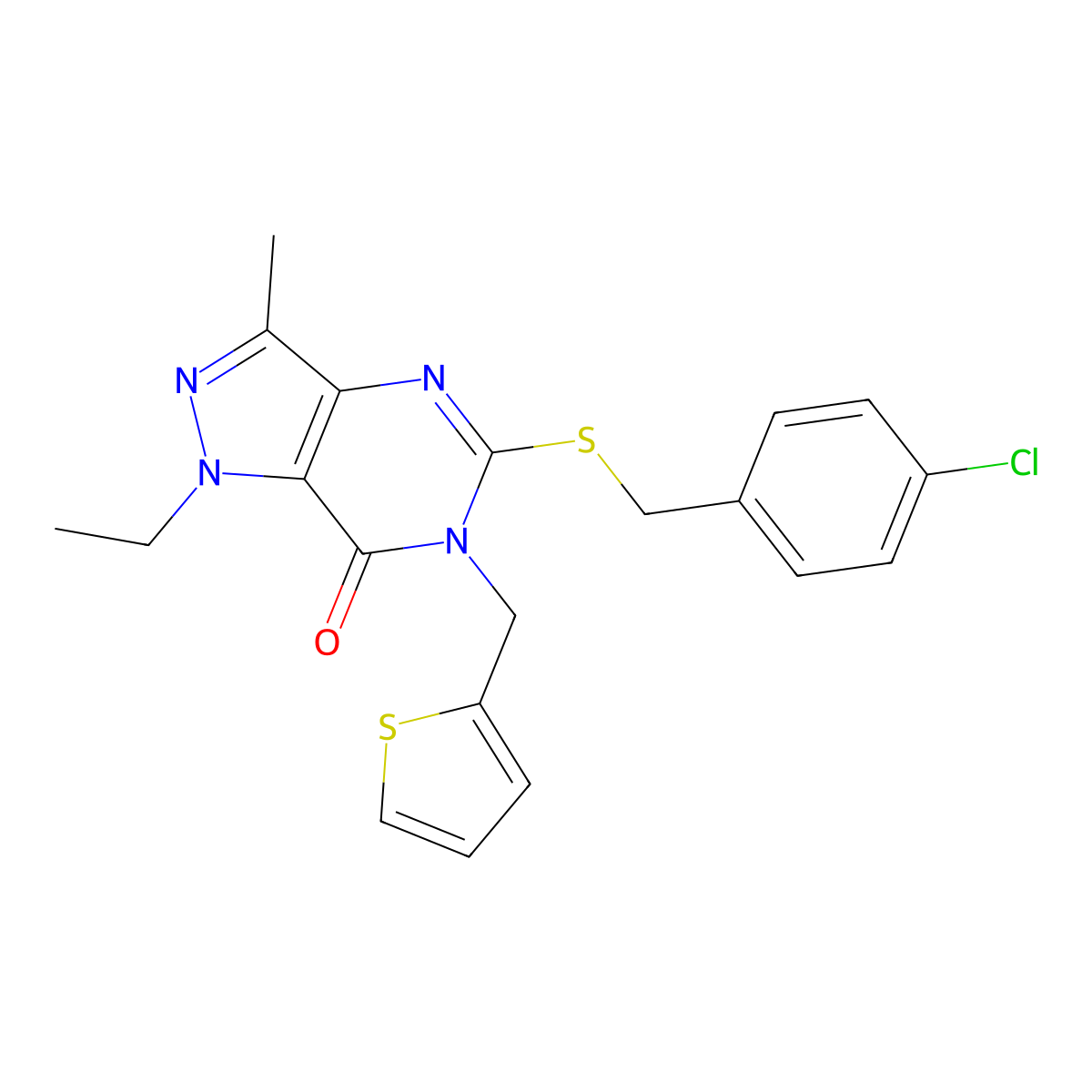 5-((4-chlorobenzyl)thio)-1-ethyl-3-methyl-6-(thiophen-2-ylmethyl)-1H-pyrazolo[4,3-d]pyrimidin-7(6H)-one molecular structure, CAS 1358832-46-8