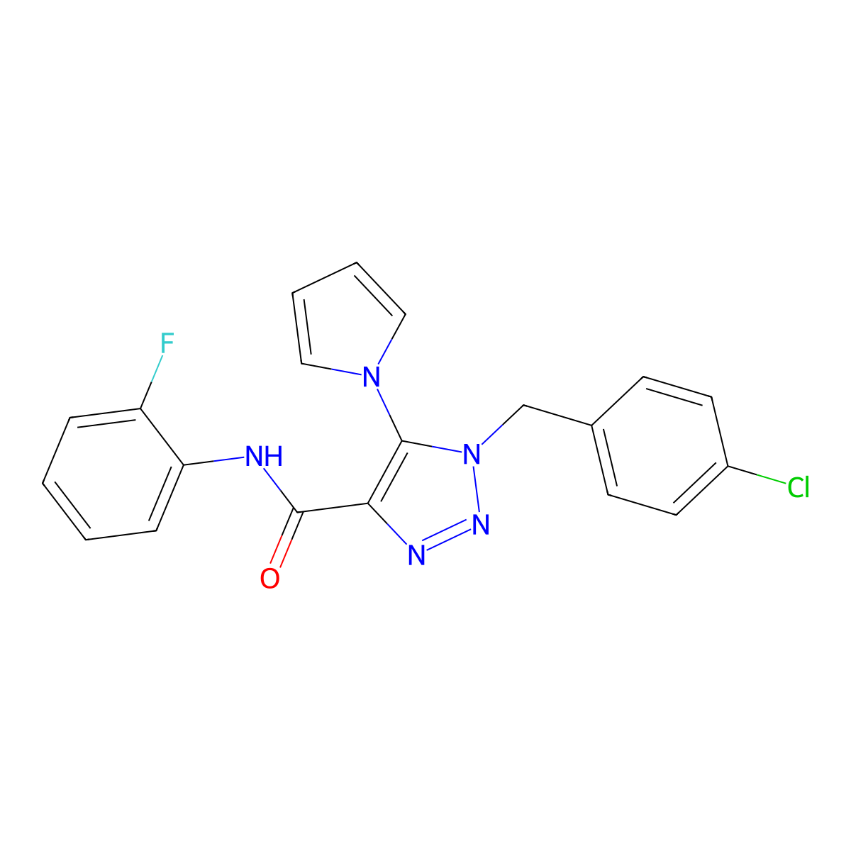 1-[(4-chlorophenyl)methyl]-N-(2-fluorophenyl)-5-(1H-pyrrol-1-yl)-1H-1,2,3-triazole-4-carboxamide molecular structure, CAS 1358835-85-4