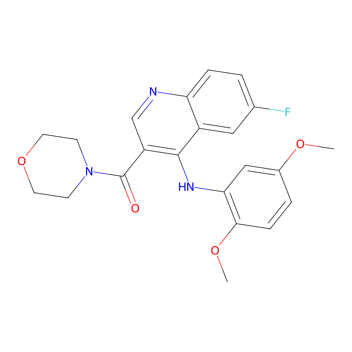 (4-((2,5-Dimethoxyphenyl)amino)-6-fluoroquinolin-3-yl)(morpholino)methanone molecular structure, CAS 1358886-27-7