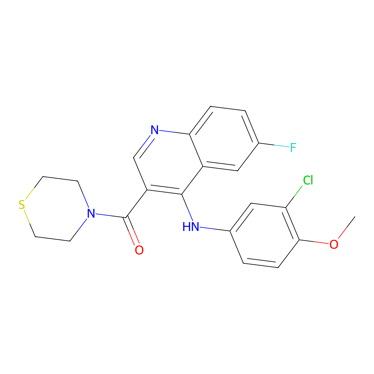 (4-((3-Chloro-4-methoxyphenyl)amino)-6-fluoroquinolin-3-yl)(thiomorpholino)methanone molecular structure, CAS 1358886-42-6