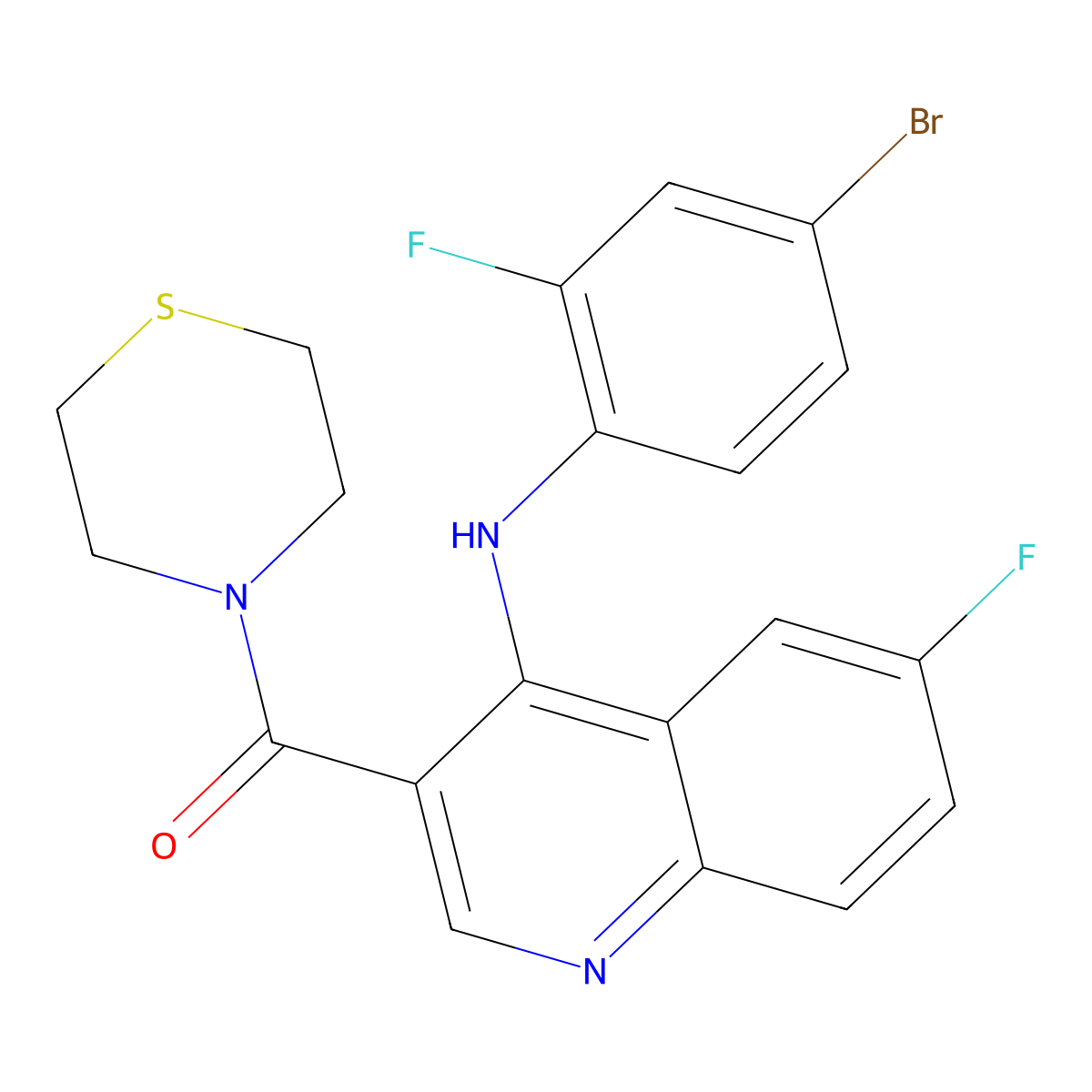 (4-((4-Bromo-2-fluorophenyl)amino)-6-fluoroquinolin-3-yl)(thiomorpholino)methanone molecular structure, CAS 1358886-49-3