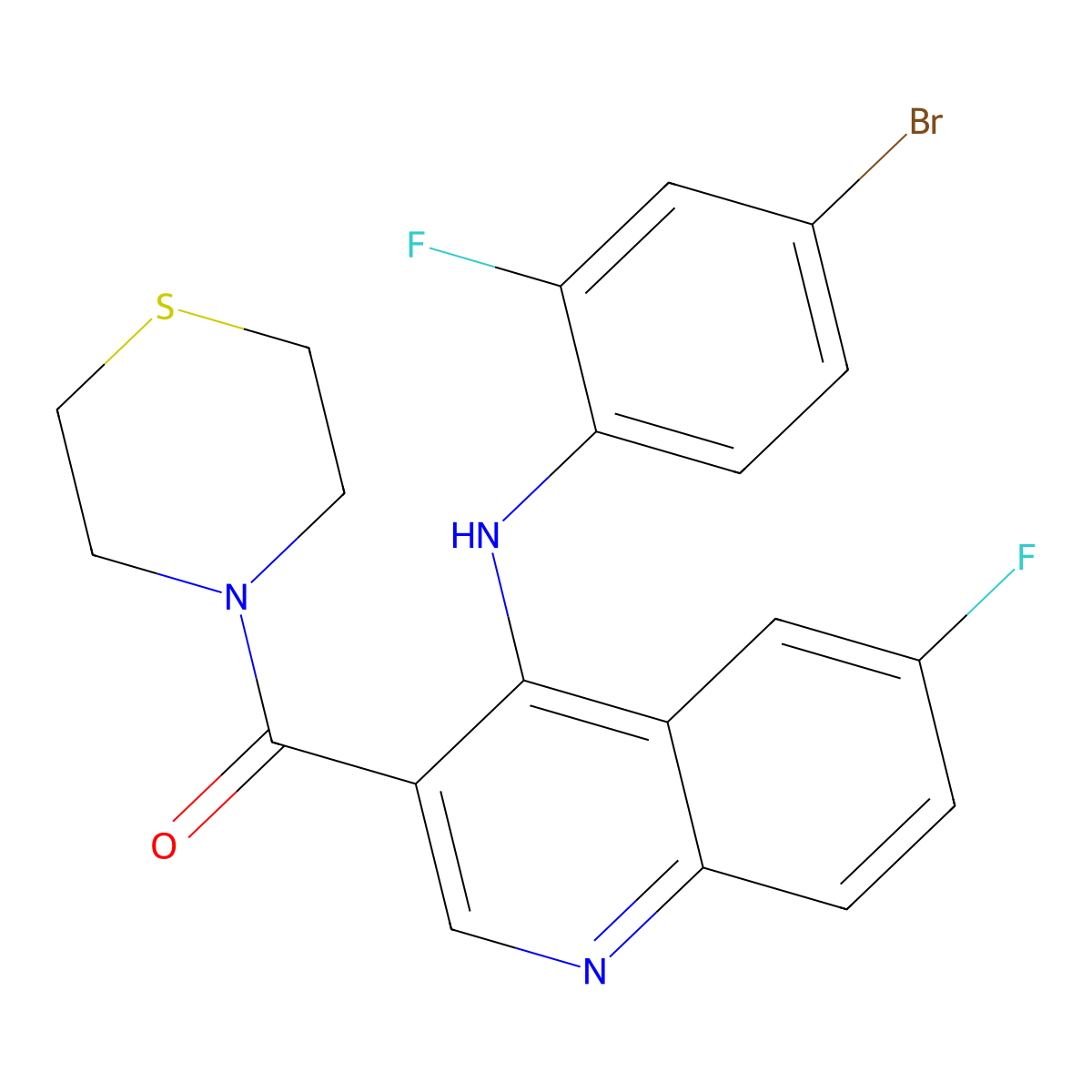 (4-((4-Bromo-2-fluorophenyl)amino)-6-fluoroquinolin-3-yl)(thiomorpholino)methanone molecular structure, CAS 1358886-49-3