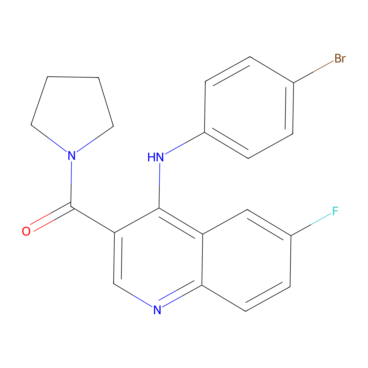 (4-((4-Bromophenyl)amino)-6-fluoroquinolin-3-yl)(pyrrolidin-1-yl)methanone molecular structure, CAS 1358886-62-0