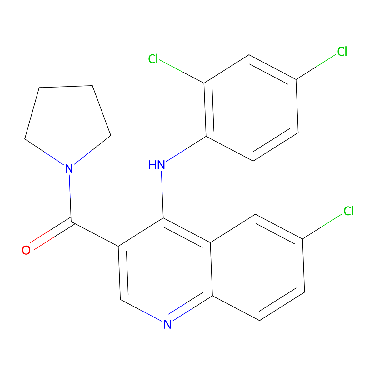 (6-Chloro-4-((2,4-dichlorophenyl)amino)quinolin-3-yl)(pyrrolidin-1-yl)methanone molecular structure, CAS 1358886-80-2