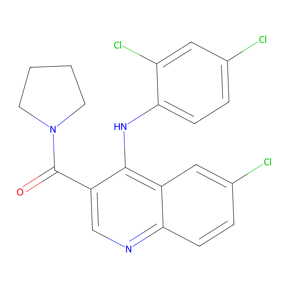 (6-Chloro-4-((2,4-dichlorophenyl)amino)quinolin-3-yl)(pyrrolidin-1-yl)methanone molecular structure, CAS 1358886-80-2