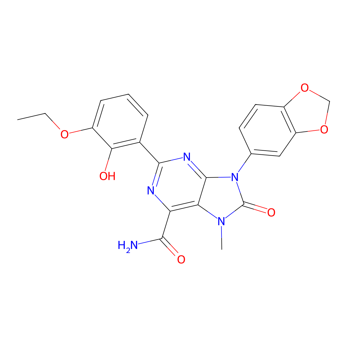9-(1,3-dioxaindan-5-yl)-2-(3-ethoxy-2-hydroxyphenyl)-7-methyl-8-oxo-8,9-dihydro-7H-purine-6-carboxamide molecular structure, CAS 1358901-59-3