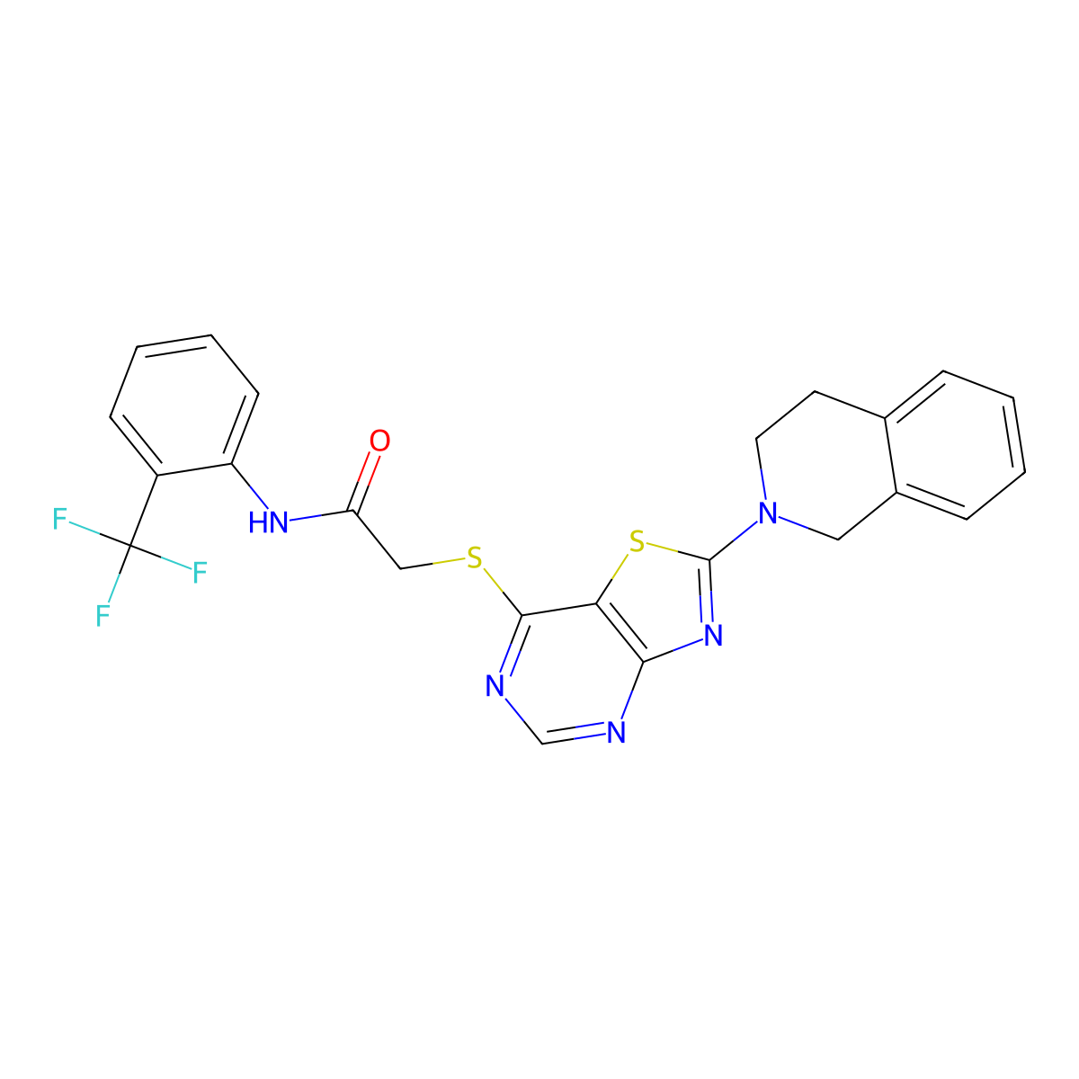 2-((2-(3,4-dihydroisoquinolin-2(1H)-yl)thiazolo[4,5-d]pyrimidin-7-yl)thio)-N-(2-(trifluoromethyl)phenyl)acetamide molecular structure, CAS 1358909-97-3