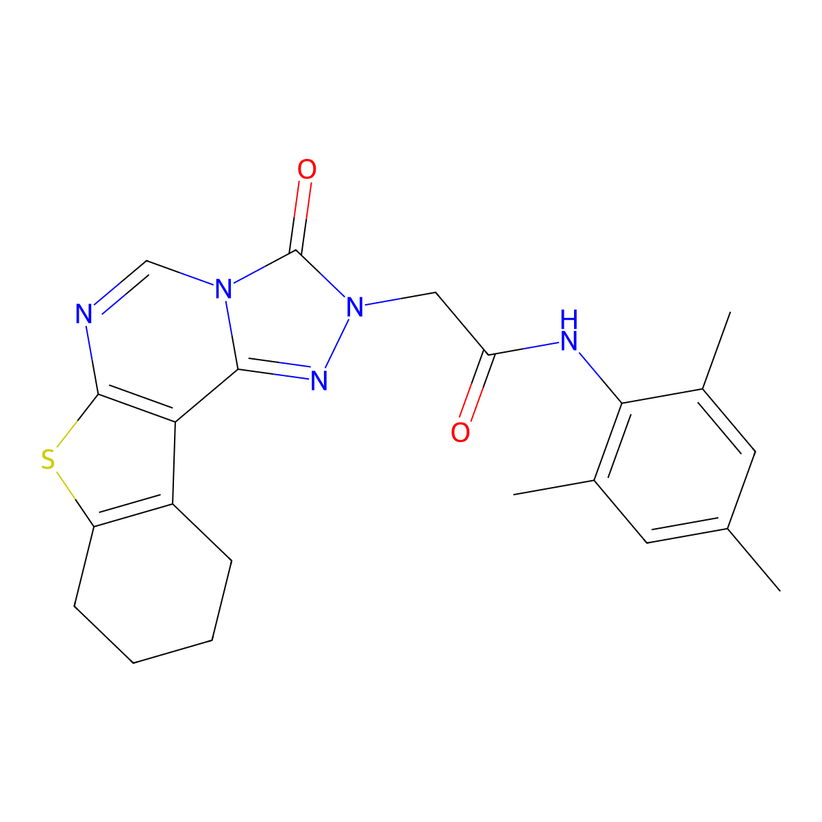 2-{5-oxo-10-thia-3,4,6,8-tetraazatetracyclo[7.7.0.0^{2,6}.0^{11,16}]hexadeca-1(9),2,7,11(16)-tetraen-4-yl}-N-(2,4,6-trimethylphenyl)acetamide molecular structure, CAS 1358934-30-1