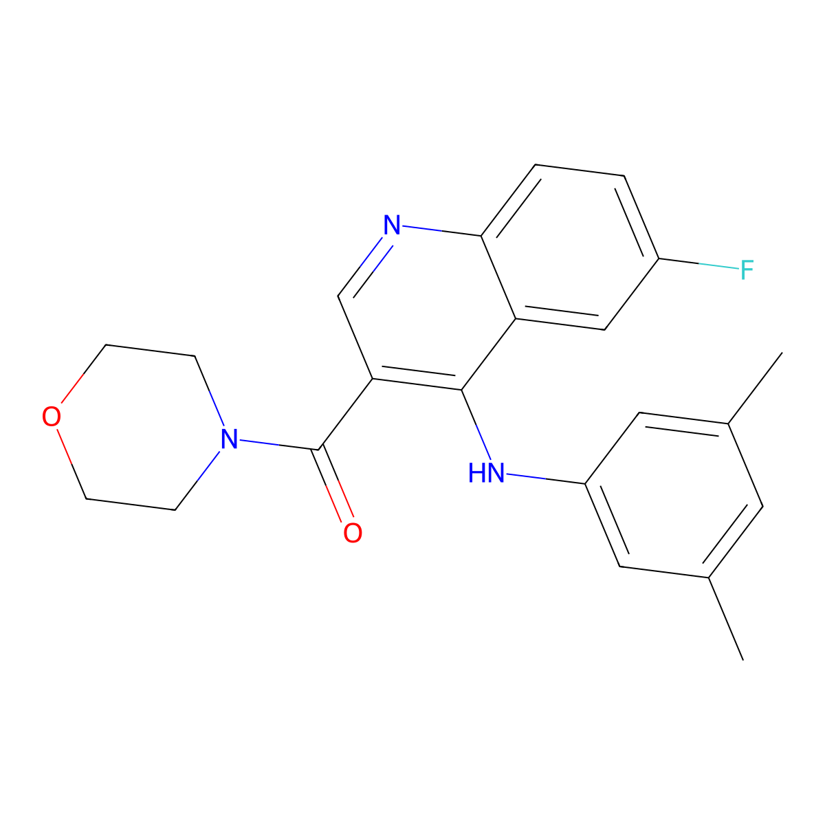 (4-((3,5-Dimethylphenyl)amino)-6-fluoroquinolin-3-yl)(morpholino)methanone molecular structure, CAS 1358945-02-4