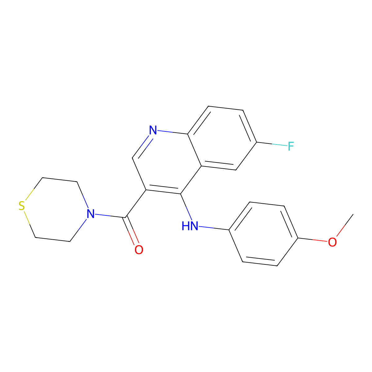(6-Fluoro-4-((4-methoxyphenyl)amino)quinolin-3-yl)(thiomorpholino)methanone molecular structure, CAS 1358945-29-5